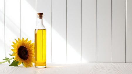 Bottle of sunflower oil on wooden background. Mock up, 3D Renderingの素材