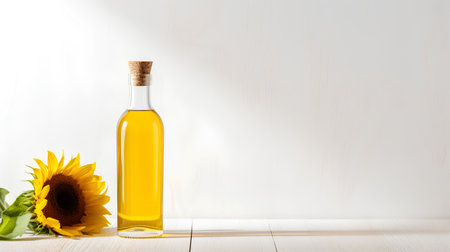 Bottle of sunflower oil with sunflowers on wooden backgroundの素材