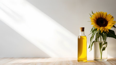 Sunflower oil in bottle and sunflowers on wooden table and white wall background.の素材