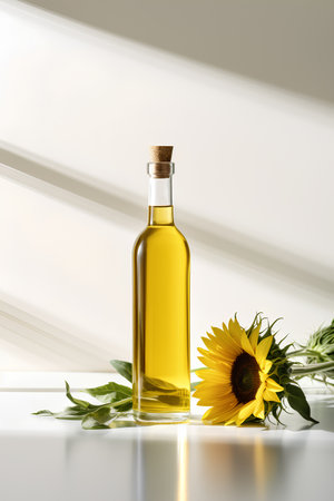 Bottle of sunflower oil with sunflowers on white tableの素材