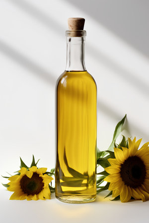 Bottle of sunflower oil with sunflowers on white backgroundの素材