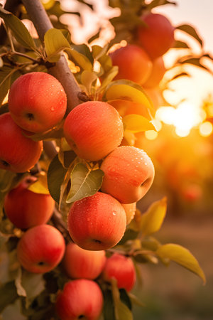 Ripe apples on a tree branch in the orchard at sunset.の素材