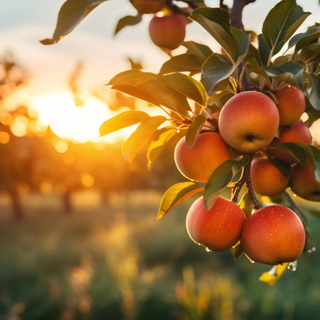 Ripe red apples on apple tree branch in orchard at sunsetの素材