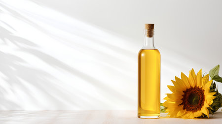 Bottle of sunflower oil with sunflowers on wooden tableの素材