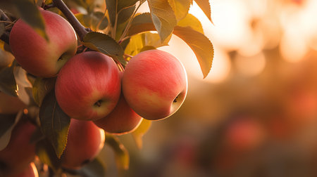 Ripe red apples on a branch in the autumn orchard.の素材
