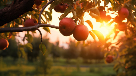 Ripe red apples on a branch in the orchard at sunsetの素材