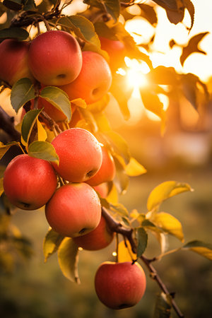 Ripe red apples on apple tree branch in orchard at sunsetの素材