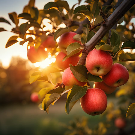 Red apples on a tree branch in an orchard at sunset.の素材
