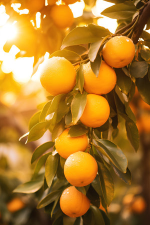 Ripe tangerines on a tree in the orchard.の素材