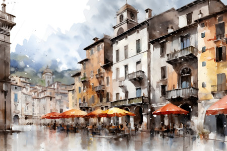 Digital watercolor painting of a street in the old town of Venice, Italyの素材