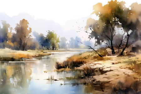 Autumn landscape with river and trees. Digital watercolor painting.の素材