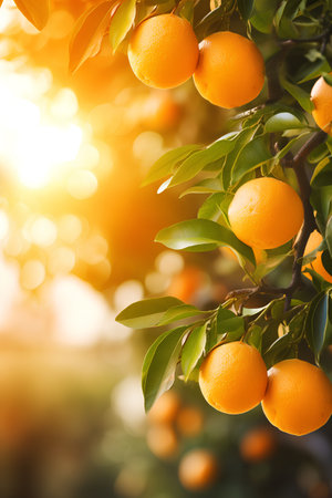 Ripe tangerines on a tree in the orchard.の素材