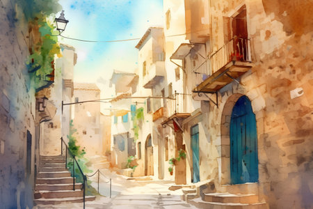 Watercolor illustration of a street in the old town of Rethymno, Crete, Greece.の素材