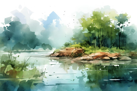 Watercolor landscape with forest and lake. Vector illustration for your designの素材
