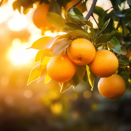 Ripe tangerines on a tree in the sunlight. Selective focus.の素材