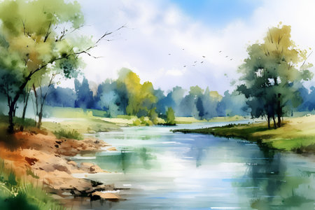Beautiful spring landscape with river and trees. Watercolor illustration.の素材