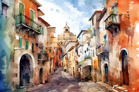 Digital watercolor painting of a street in the old town of Rovinj, Croatiaの素材