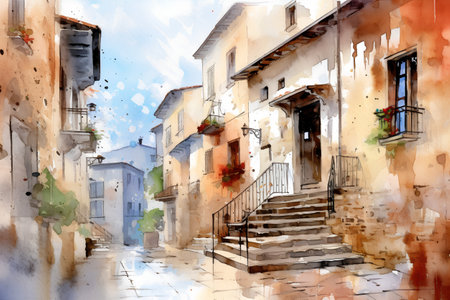 Watercolor sketch of a street in the old town of Rovinj, Croatiaの素材