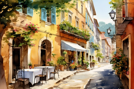 Watercolor sketch of street cafe in the old town of Rovinj, Croatiaの素材
