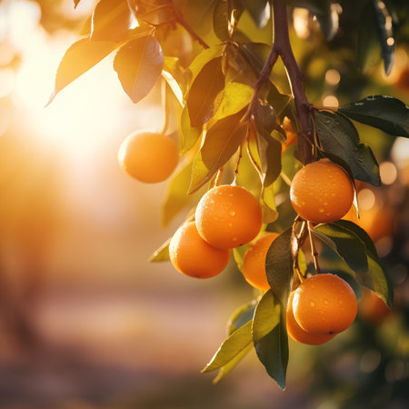 Ripe tangerines on a tree in the orchard.の素材