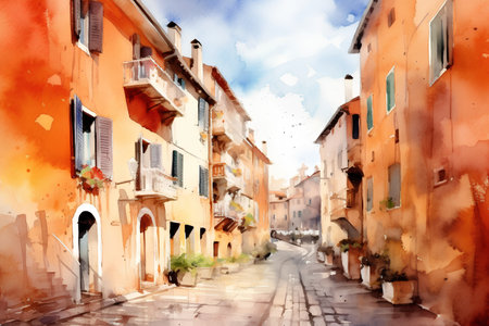 Digital painting of a street in Venice, Italy. Digital watercolor painting.の素材