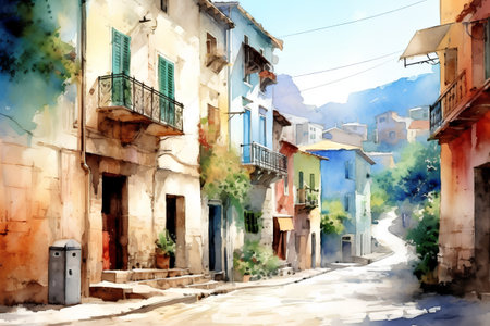 Watercolor painting of a street in the old town of Calabria, Italyの素材