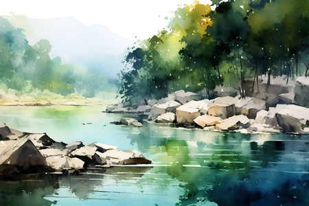 Watercolor summer landscape with river and forest. Hand drawn illustration.の素材