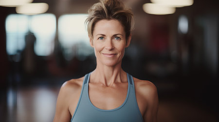 Portrait of smiling mature woman in sportswear in fitness studioの素材