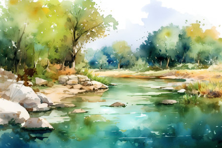 Watercolor landscape with river, forest and trees. Digital art paintingの素材