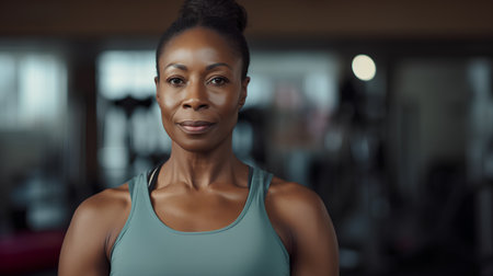 Portrait of smiling african american woman looking at camera in gymの素材