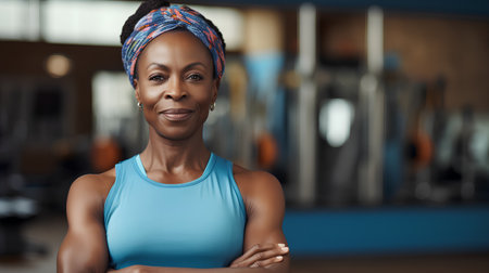 Portrait of smiling african american woman in fitness studio.の素材