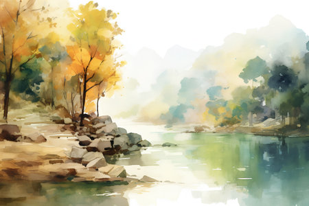 Watercolor autumn landscape with trees, river and clouds. Hand drawn illustrationの素材