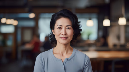 Portrait of smiling asian woman looking at camera in coffee shopの素材