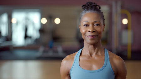 Portrait of smiling senior african american woman in fitness studioの素材