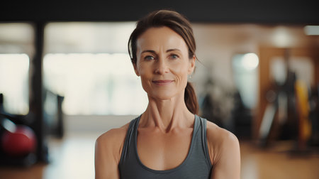 Portrait of smiling mature woman standing in fitness center. Beautiful mature woman looking at camera.の素材
