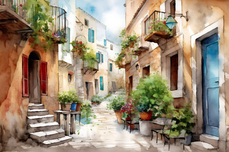 Watercolor painting of a street in the old town of Rovinj, Croatia.の素材