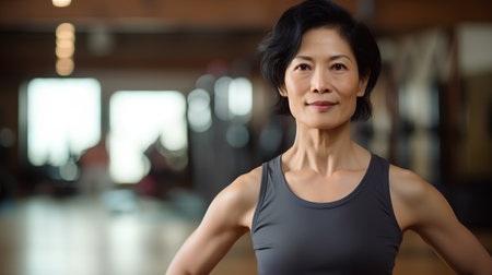 Portrait of asian senior woman in fitness gym. Looking at camera.の素材
