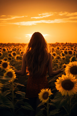 Beautiful young woman in a field of sunflowers at sunsetの素材