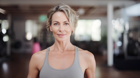 Portrait of a beautiful middle aged woman smiling at camera in a gymの素材