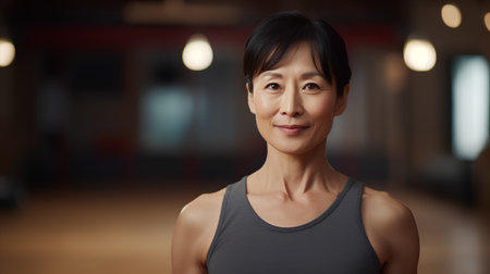 portrait of smiling asian woman in sportswear at gymの素材