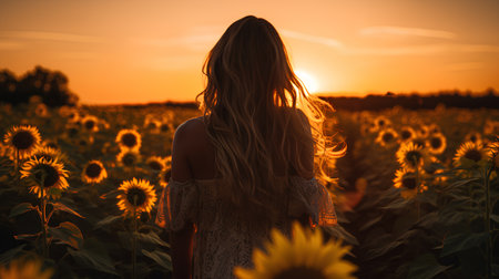 Beautiful young woman in a field of sunflowers at sunsetの素材
