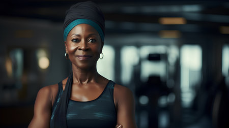 Portrait of a smiling african american woman in a gymの素材