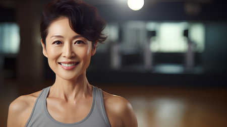 portrait of smiling asian woman in sportswear at gymの素材