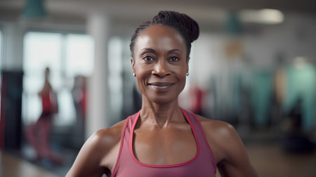 Portrait of happy african american woman smiling at camera in gymの素材
