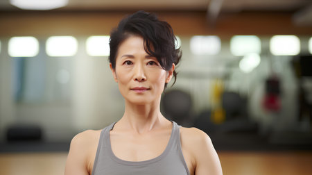 portrait of a beautiful asian woman at the gym looking at cameraの素材