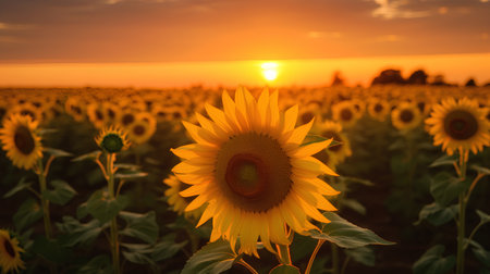 Beautiful sunflower field at sunset. Nature background. Selective focus.の素材
