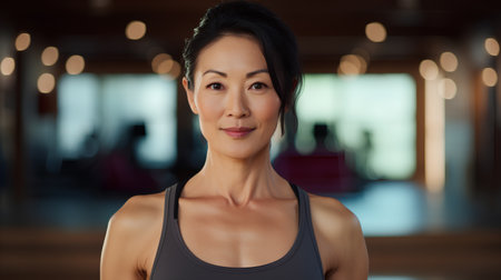 Portrait of smiling asian woman in sportswear at gymの素材