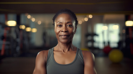 portrait of happy senior african american woman at sport gymの素材