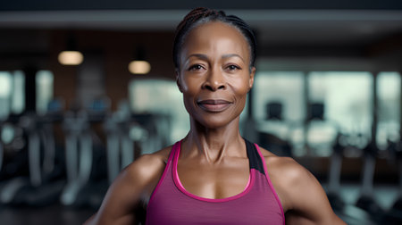 Portrait of smiling mature African woman exercising in gym. She is looking at camera and smilingの素材
