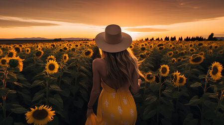 Beautiful young woman in a yellow dress and hat on a field of sunflowers at sunsetの素材
